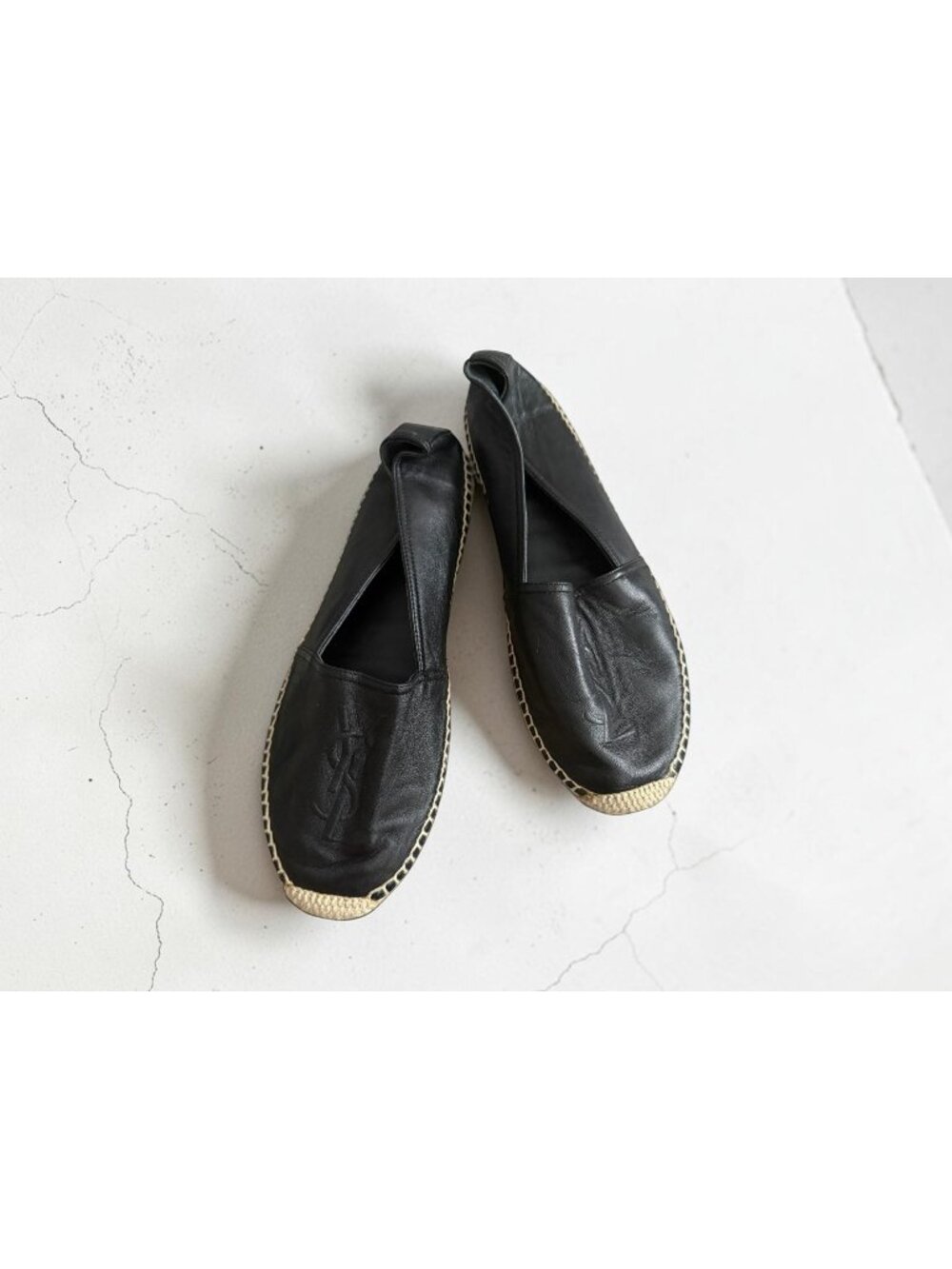 SAINT LAURENT Black Leather YSL Logo Espadrilles Flats Size 39 / US 9